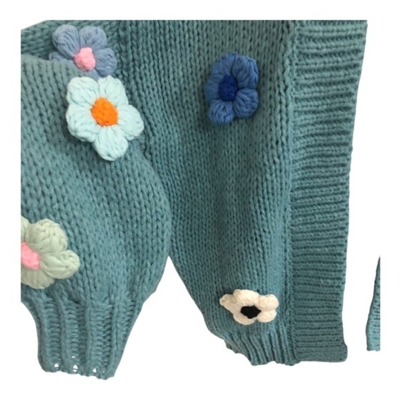 Blue Crochet embroidered blue white pink rosebuds open‎ front oversized cardigan - Picture 15 of 17